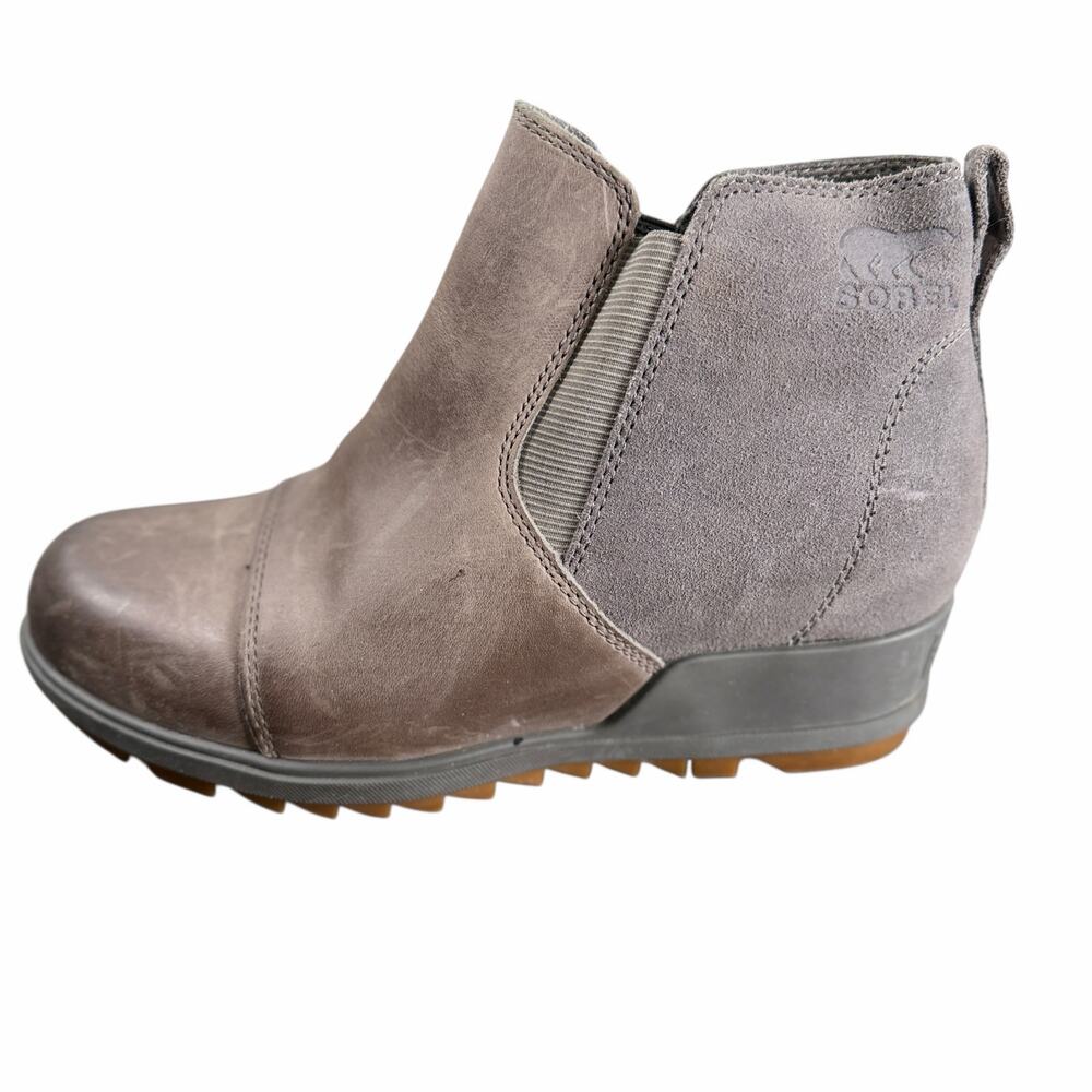 Sorel Evie Waterproof Gray Leather Suede Wedge Chelsea Booties Size 7 NL3816